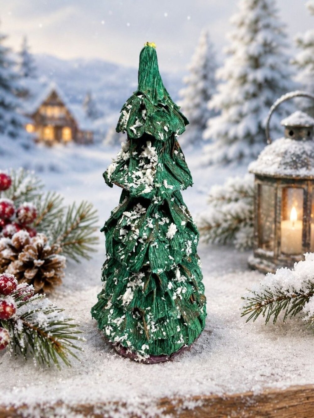 Vintage Handmade Crepe Paper Christmas Tree Snow Covered Tabletop Decoration 5 1
